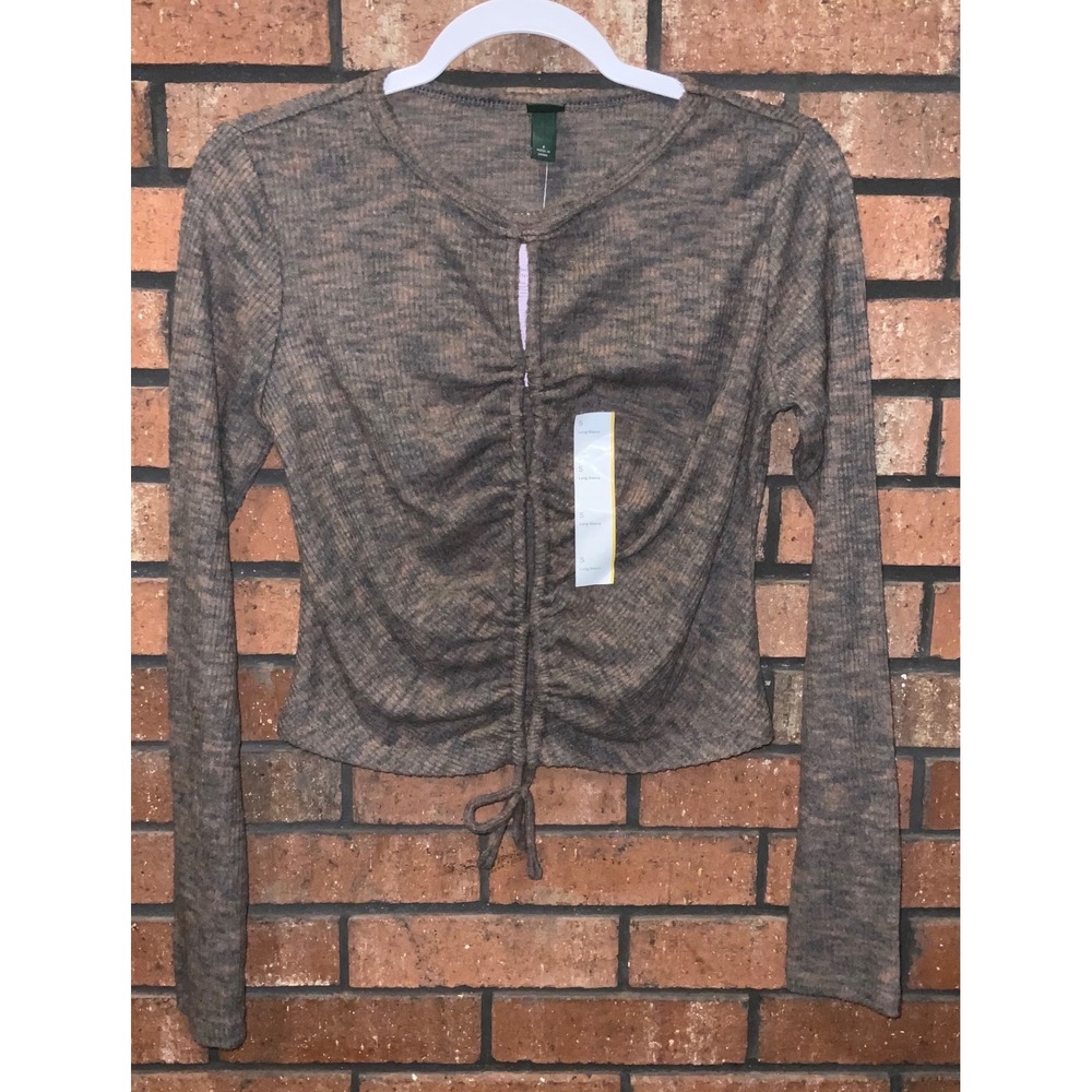 Wild Fable Brown Space Dye Cinched Front Long Sleeve Ribbed Top Small NWT